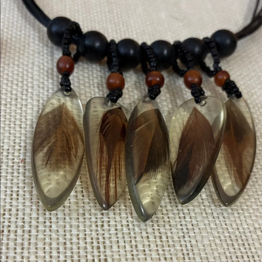 Vintage Black and Brown Beaded and feather acrylic bead Necklace
